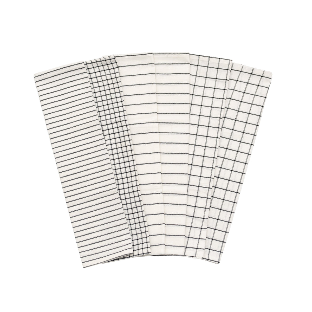 Assorted stripe and check patterns on black-and-white cotton kitchen towels