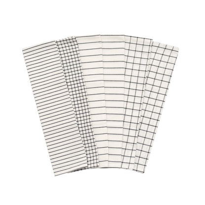 Assorted stripe and check patterns on black-and-white cotton kitchen towels