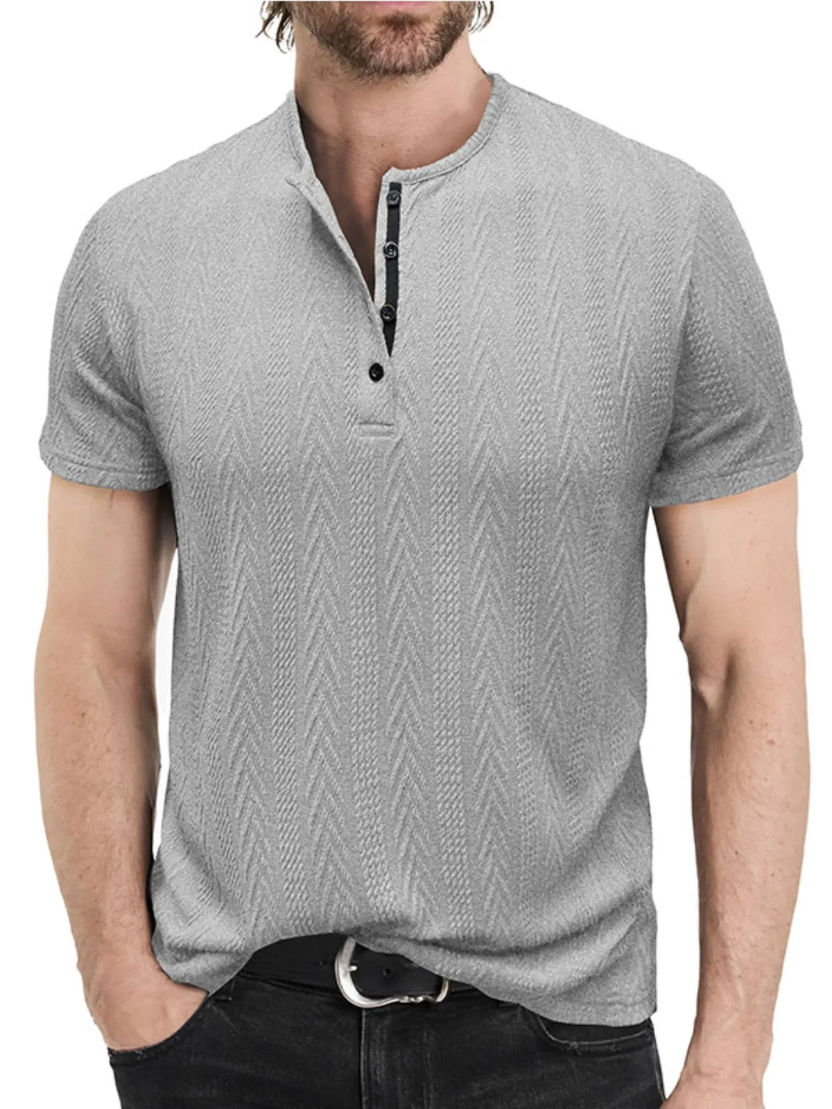 Light gray men's chevron-textured short-sleeve Henley shirt, front view; shirt only