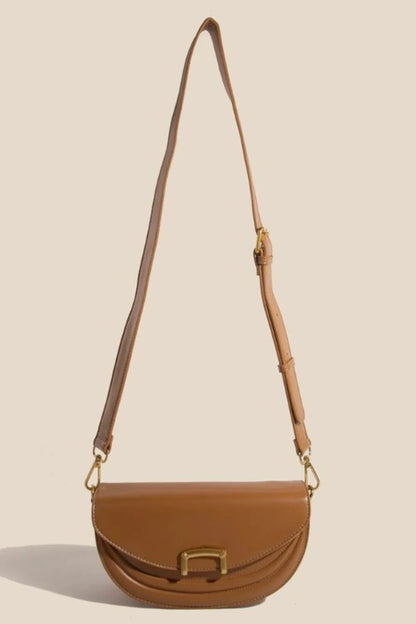 Camel crossbody bag with adjustable strap extended