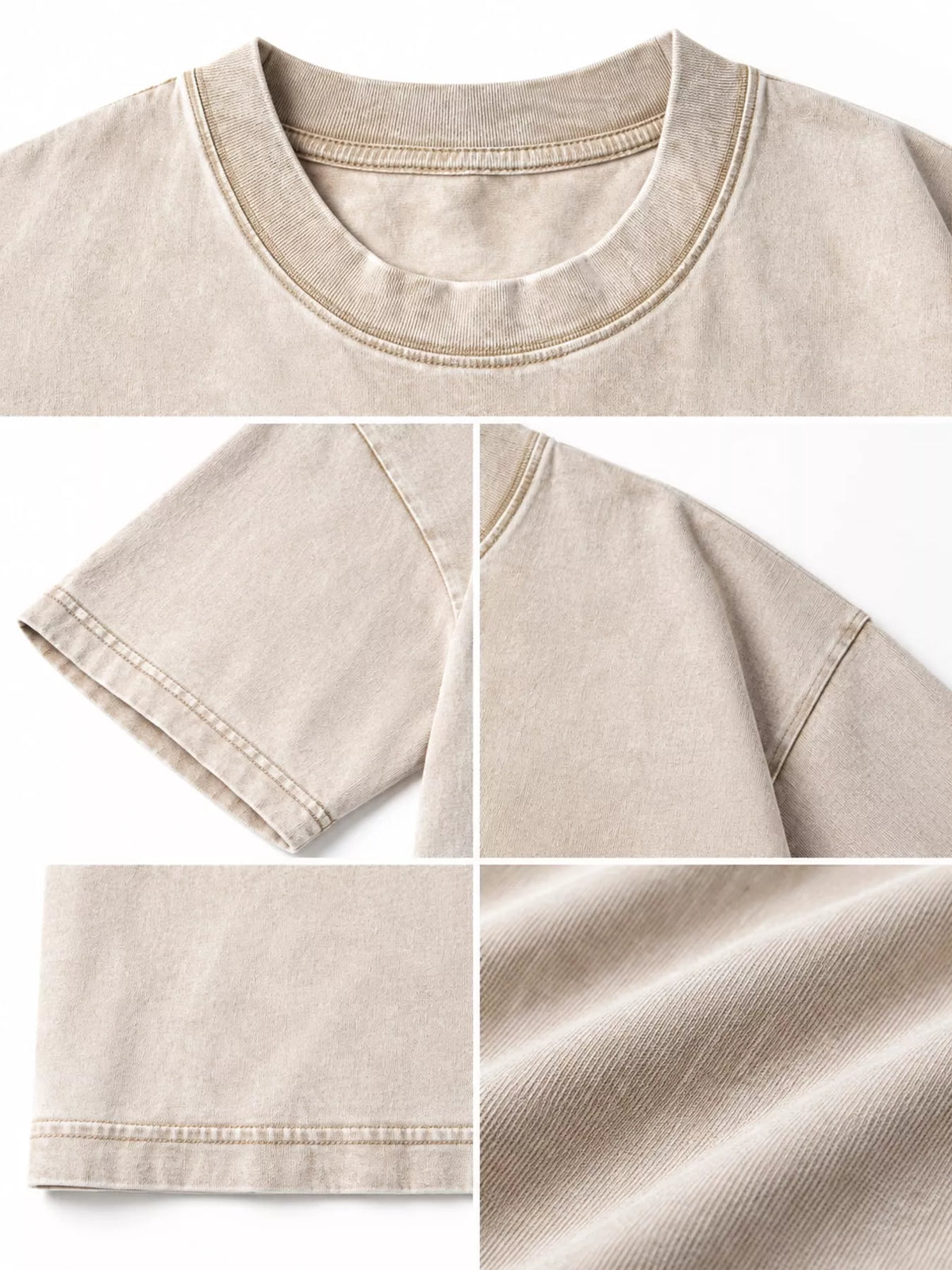 Apricot-Washed acid-wash oversized crewneck T-shirt, detail collage of neckline, sleeves, hem and fabric. One shirt only.