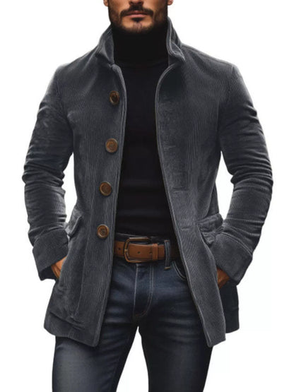 Dark Gray stand-collar button-front coat with pockets, shown over a black top and trousers. Coat only.