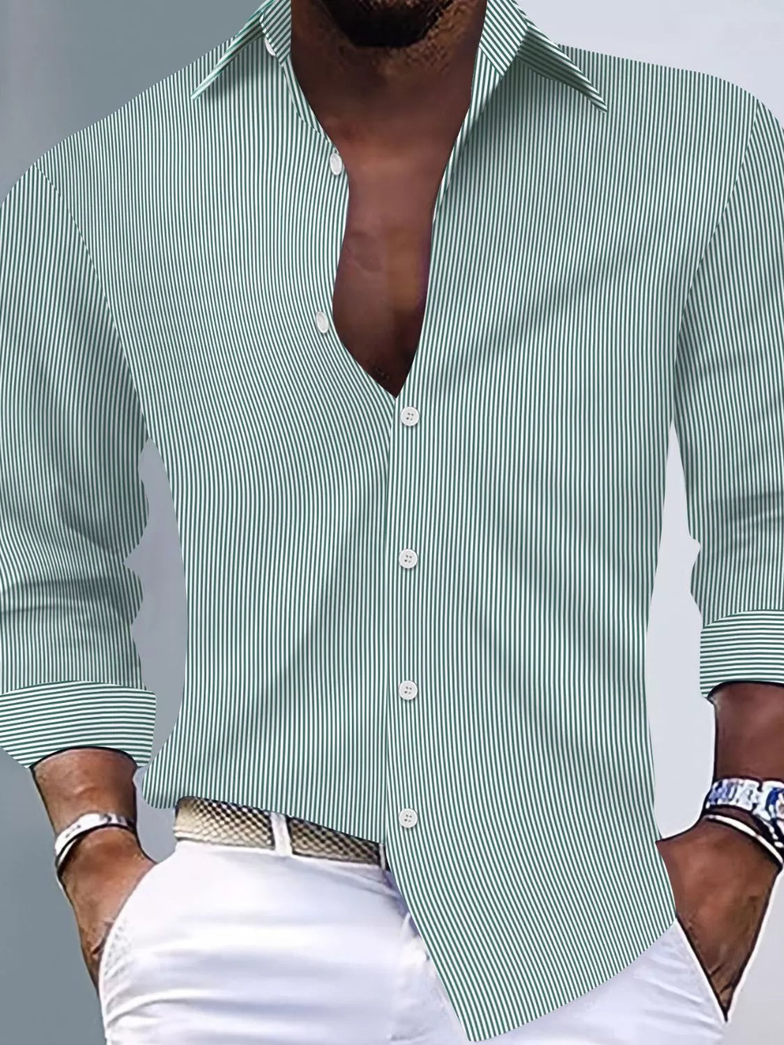 Green men's striped button-up long-sleeve shirt shown on a model. Shirt only; trousers, belt, watch and jewelry are not included.