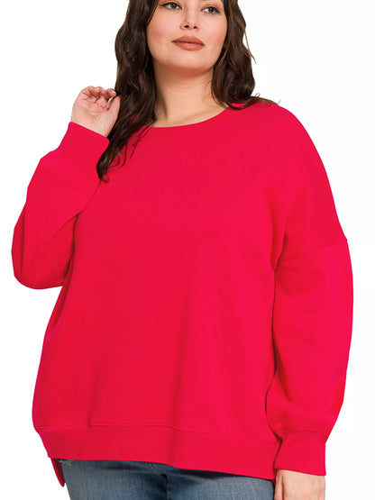 Ruby Zenana hi-low fleece sweatshirt shown on an alternate model