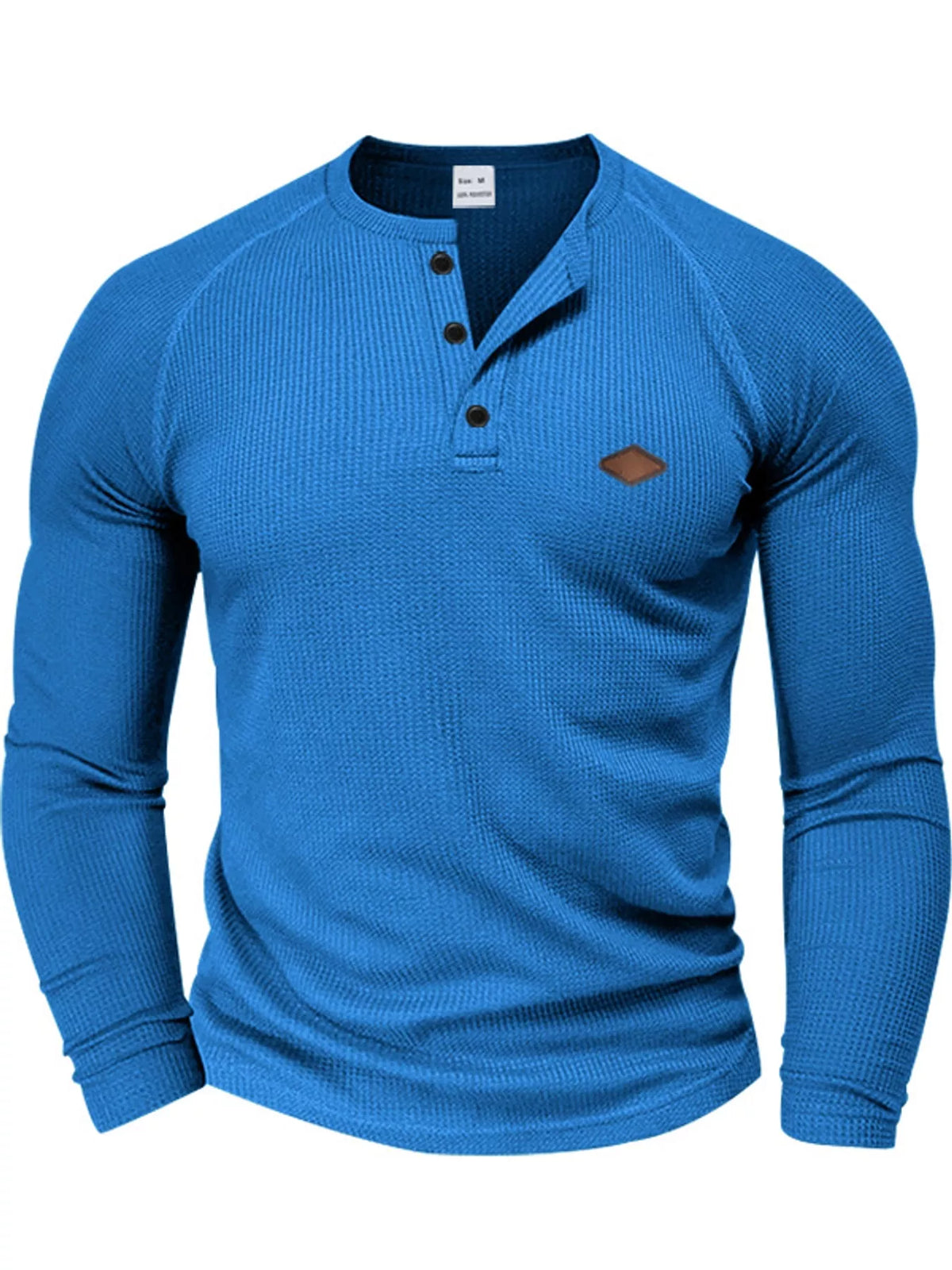 Royal blue men’s waffle-knit Henley, front view.