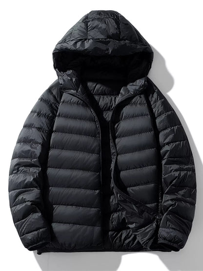 Black lightweight hooded jacket with horizontal quilting, front view