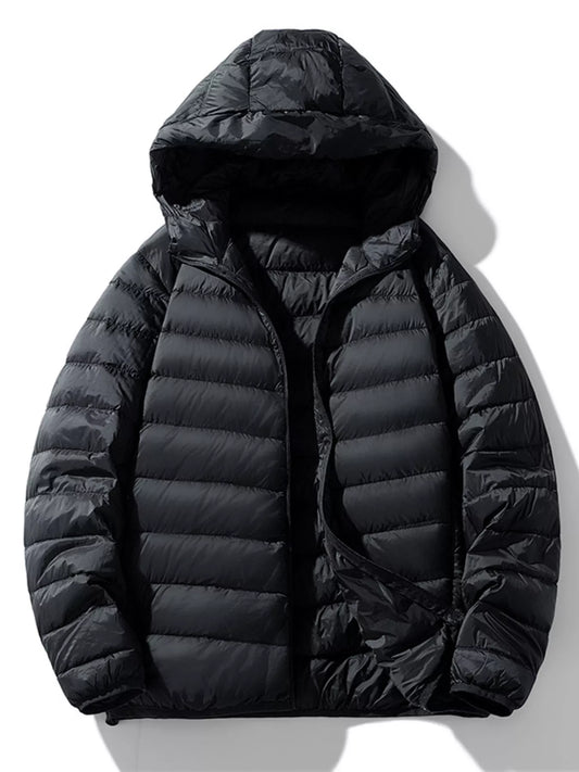 Black lightweight hooded jacket with horizontal quilting, front view
