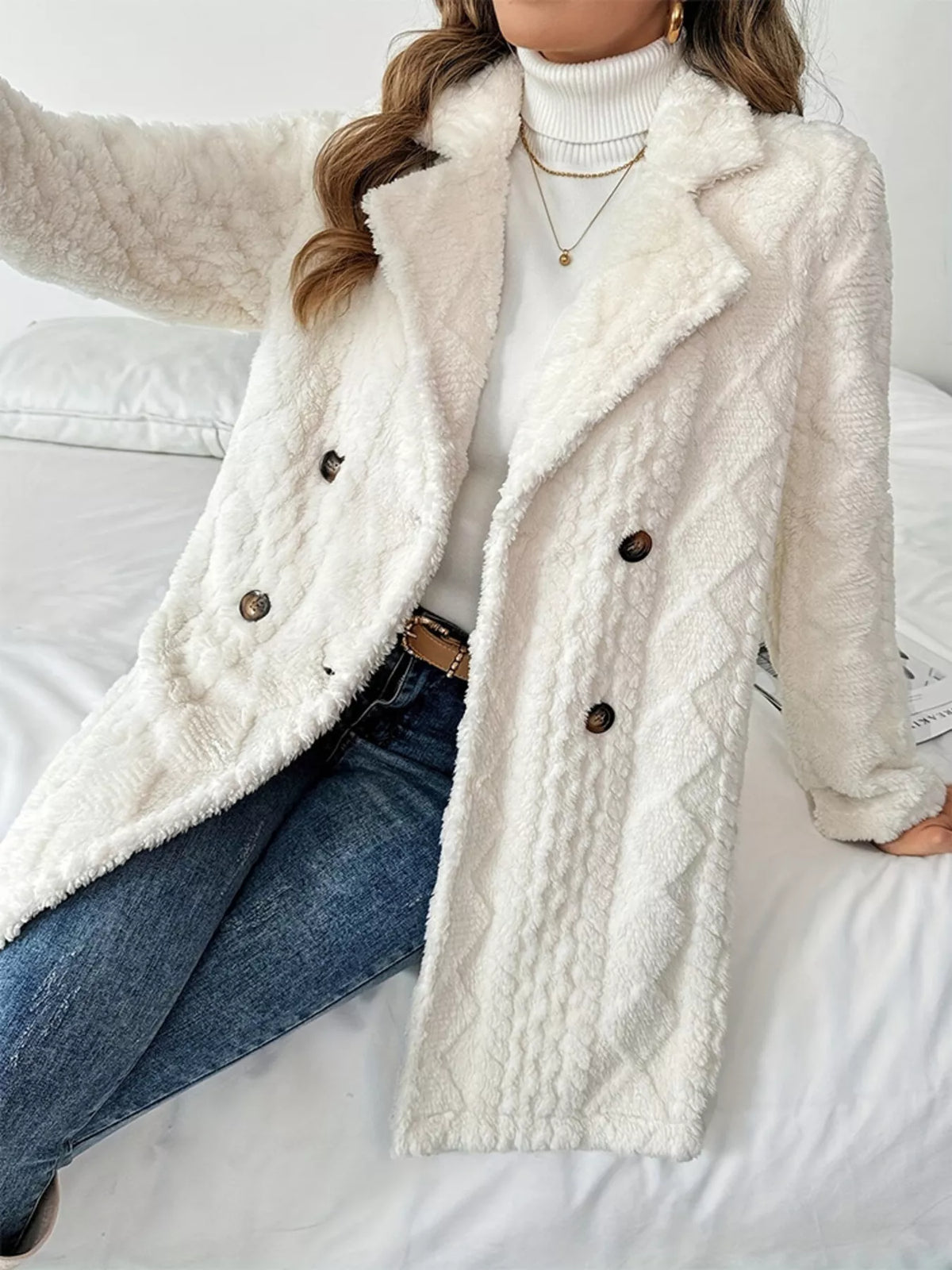 White fleece double-breasted longline coat, seated front view