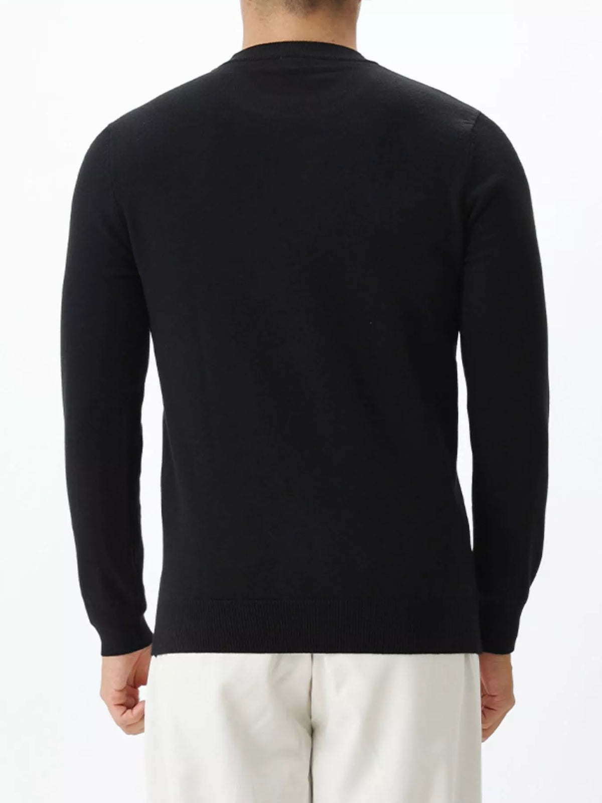 Men's long-sleeve crew-neck sweater in Black, back view.