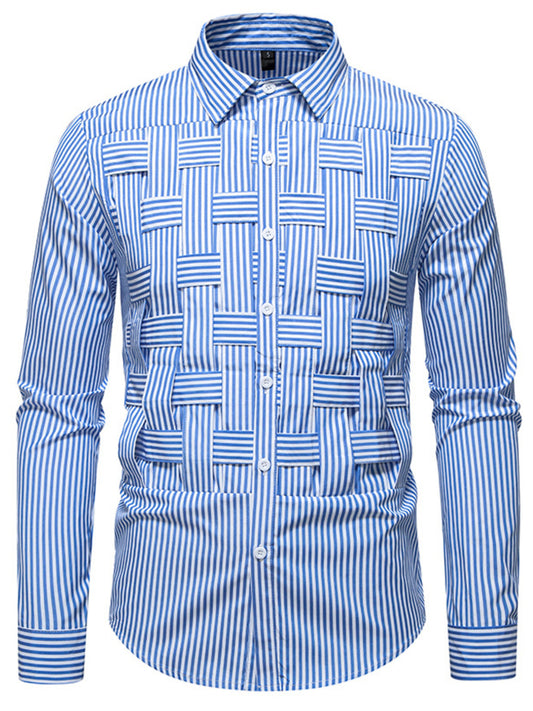 Blue and white striped men's long-sleeve button-front shirt, front view
