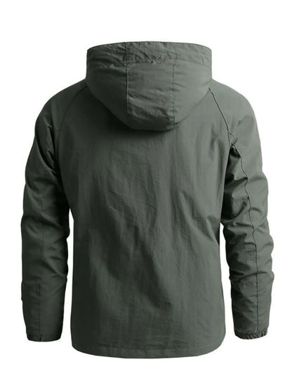Army green hooded jacket, back view showing the hood