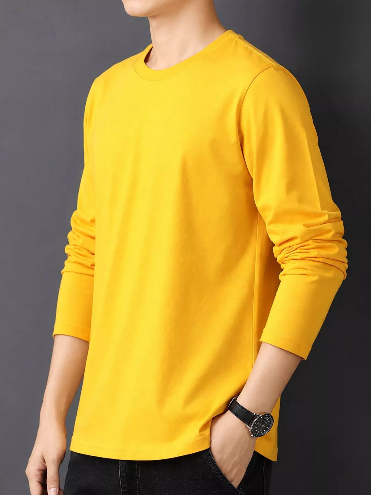 Gold men's cotton long-sleeve crewneck tee, side view.