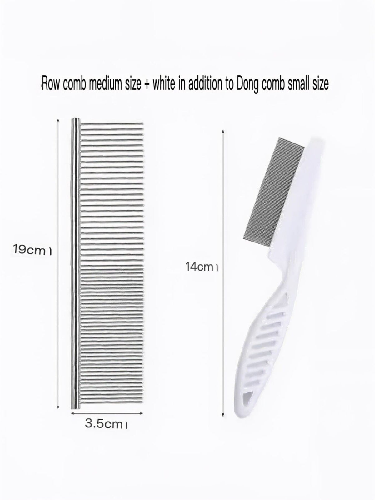 Medium stainless-steel comb shown with a white-handled detail comb; Two Combing configuration.