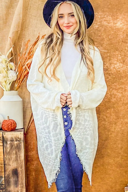 Ivory And The Why textured knit fringe-hem cardigan — front view