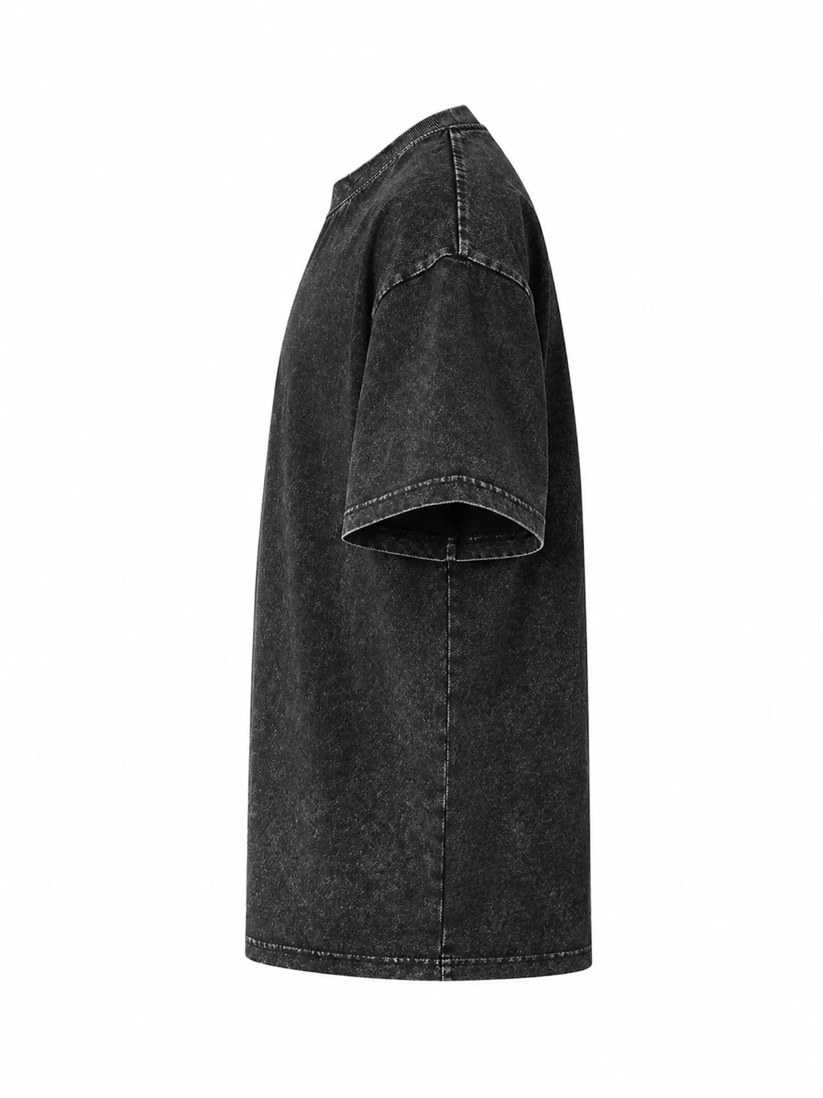 Side view of the black acid-wash short-sleeve T-shirt.