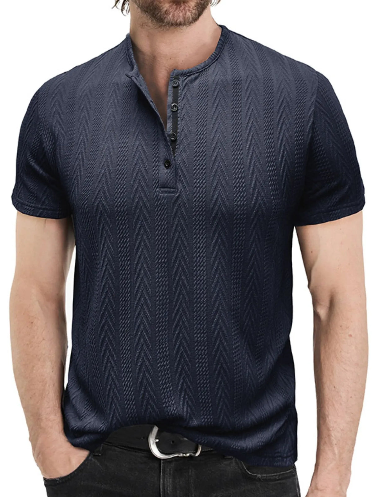 Navy men's chevron-textured short-sleeve Henley shirt, front view; shirt only