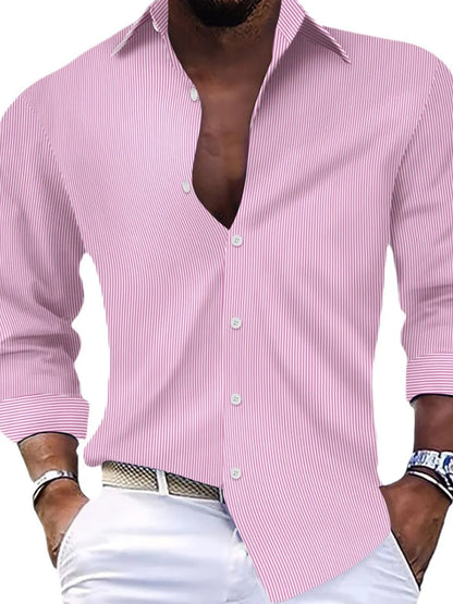 Pink men's striped button-up long-sleeve shirt shown on a model against a white background. Shirt only; trousers, belt, watch and jewelry are not included.