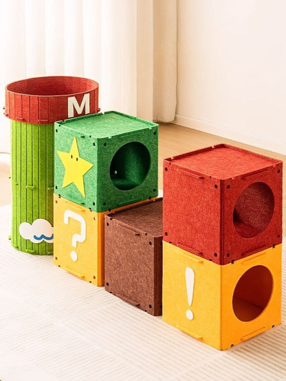 Example stacked arrangement of individually sold felt cat houses