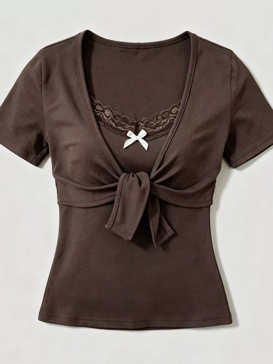 Lace Trim Bow Detail T-Shirt