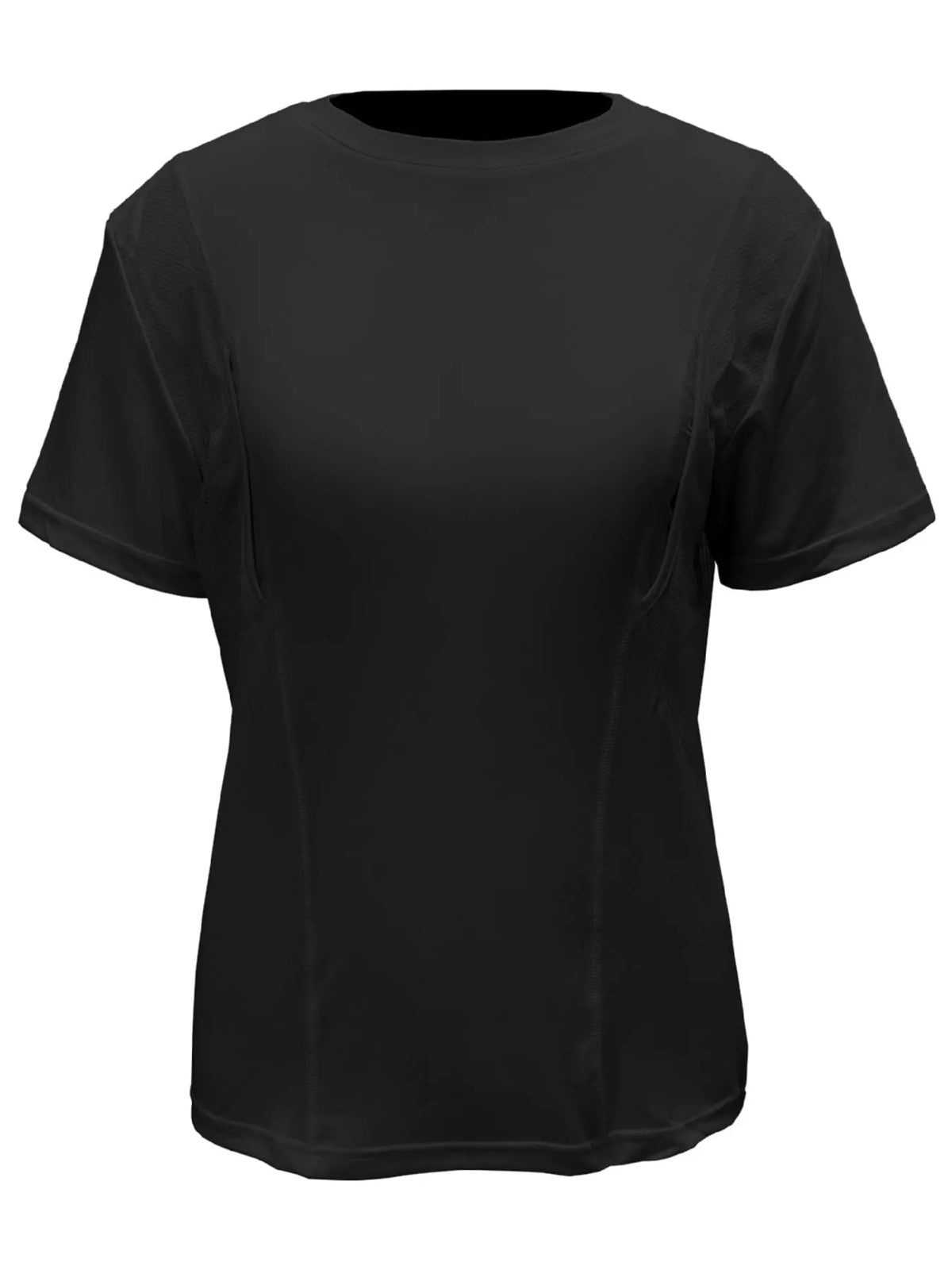 Black short-sleeve crewneck active T-shirt shown alone against a light background.