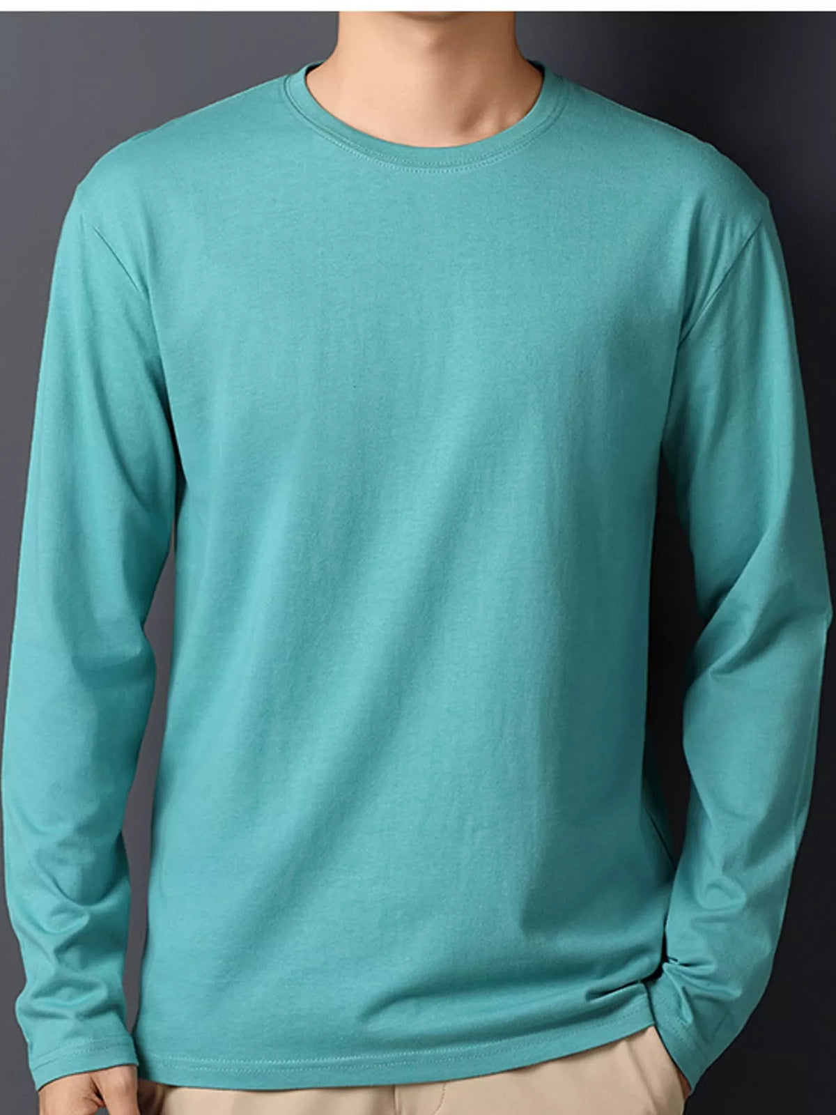 Pastel Blue men's cotton long-sleeve crewneck tee, front view.