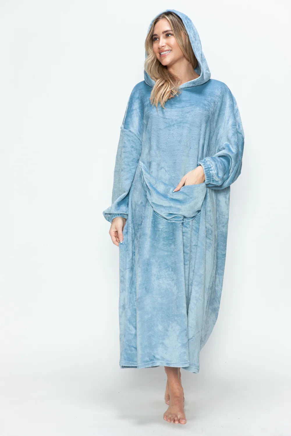 Pastel Blue hooded midi lounge dress with long sleeves and front kangaroo pocket, front or angled view. One dress; styling accessories not included.
