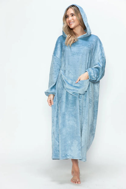 Pastel Blue hooded midi lounge dress with long sleeves and front kangaroo pocket, front or angled view. One dress; styling accessories not included.