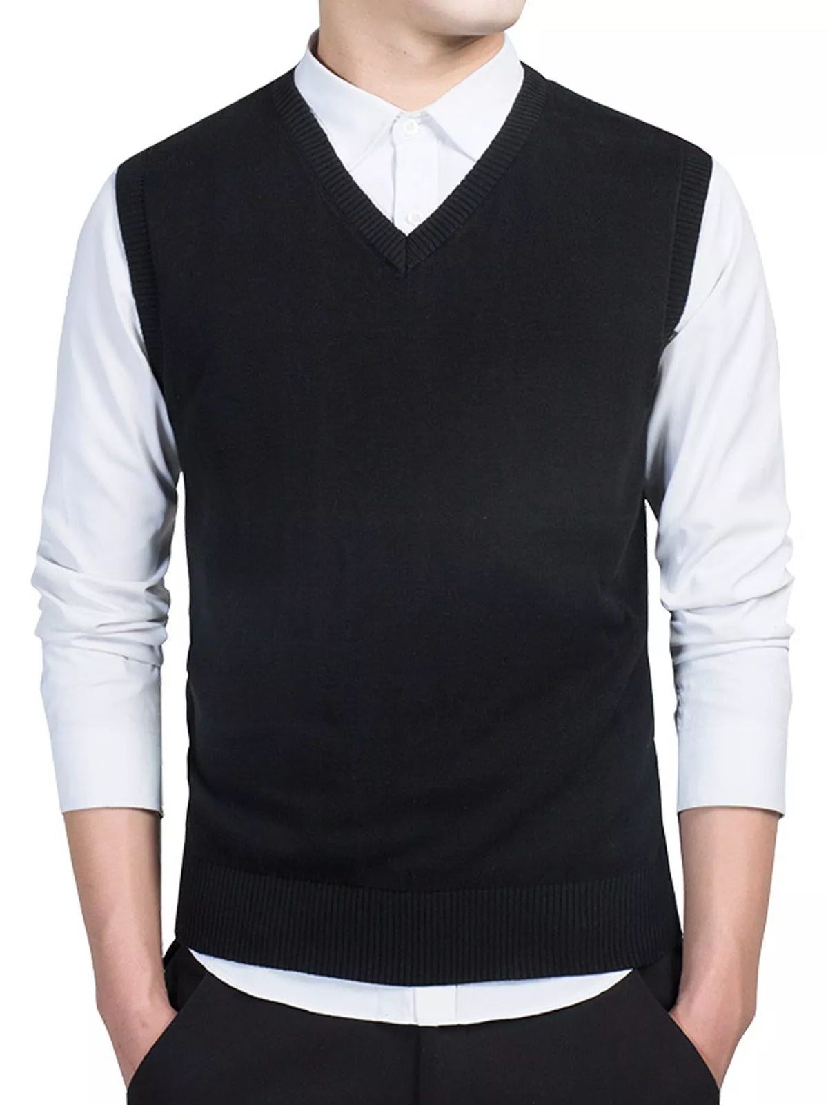 Men's V-neck sweater vest — product view 1; shirt and trousers not included
