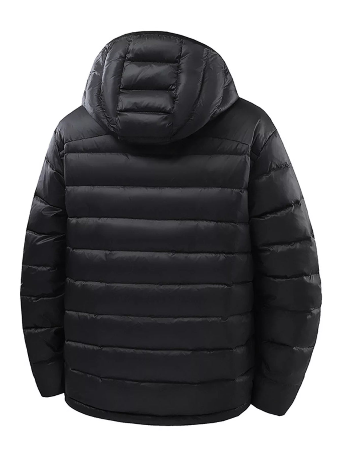 Back of the black hooded puffer jacket showing horizontal padded panels.