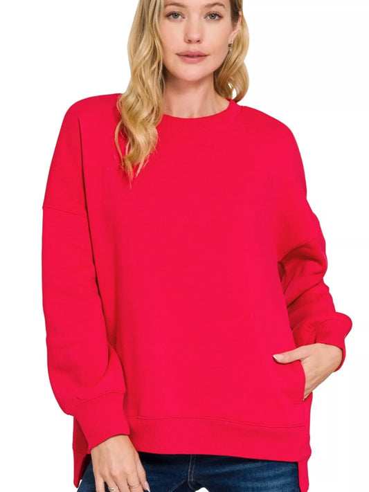 Ruby Zenana pocketed hi-low fleece sweatshirt, front view