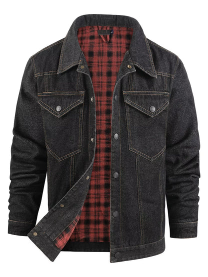Black snap-front jacket, open front showing red plaid interior