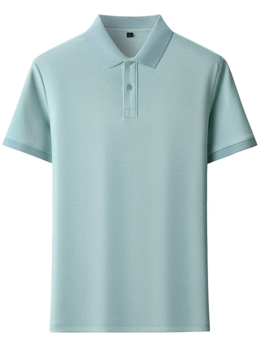Aqua green short-sleeve polo shown from the front with a collar and two-button placket.
