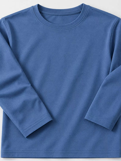 Dusty Blue men's cotton long-sleeve crewneck tee, folded sleeve view.