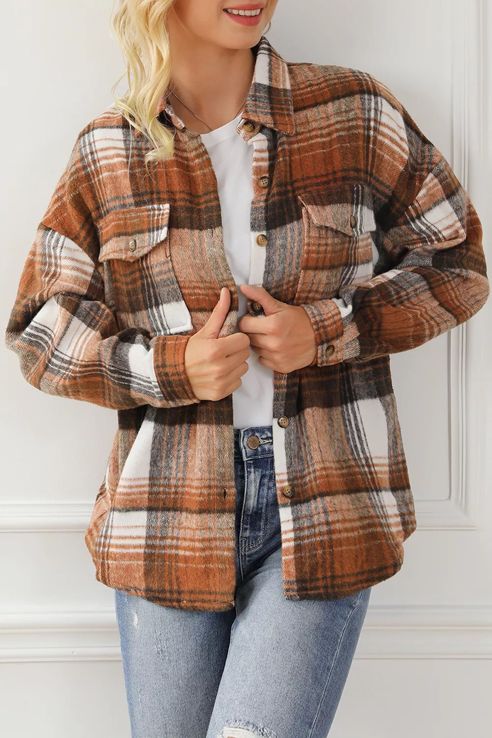 Caramel plaid button-up shacket product view 7