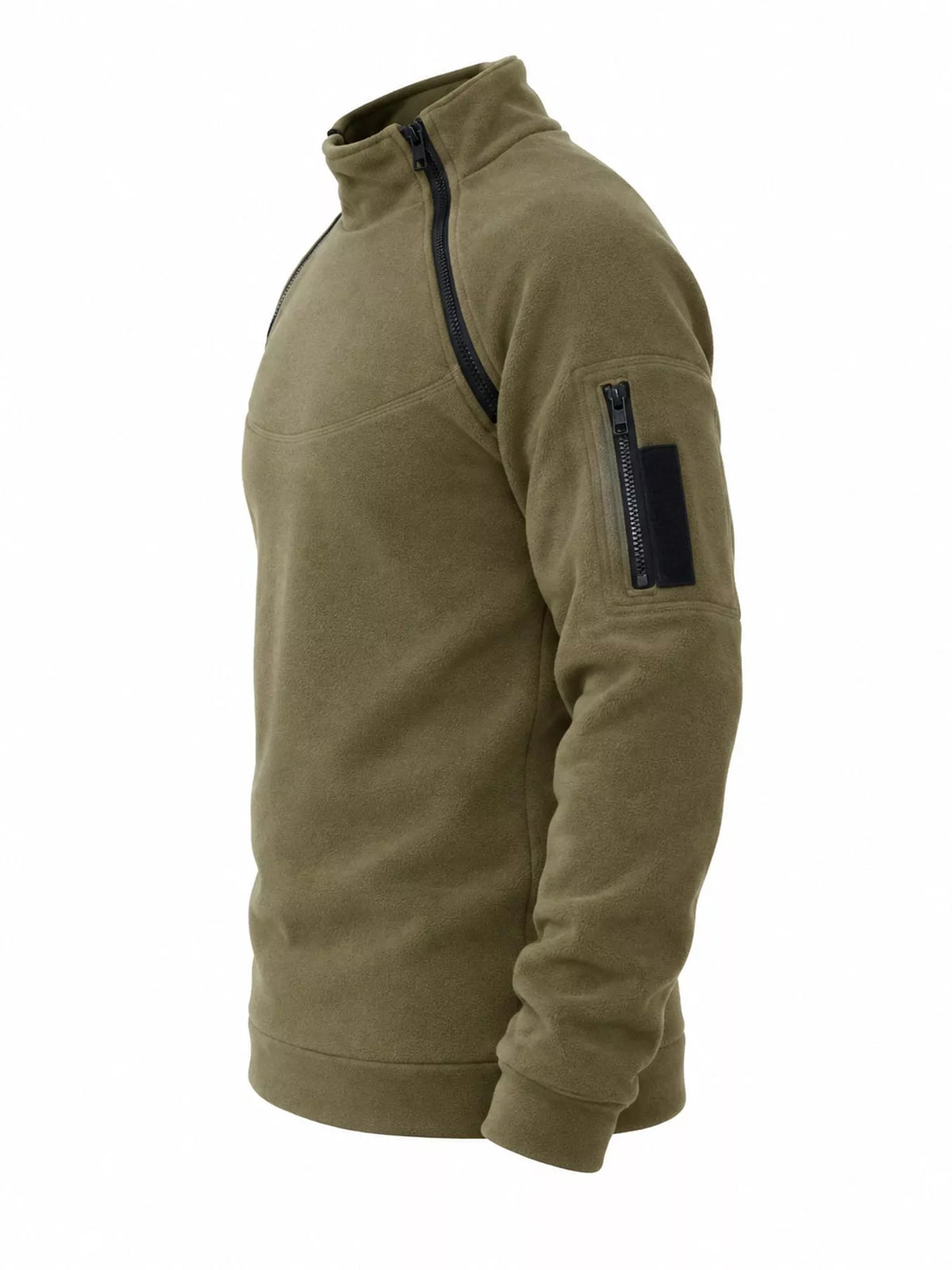 Olive men's fleece sweatshirt with stand collar, two angled neckline zips and a zippered sleeve pocket, side product view. One sweatshirt only.
