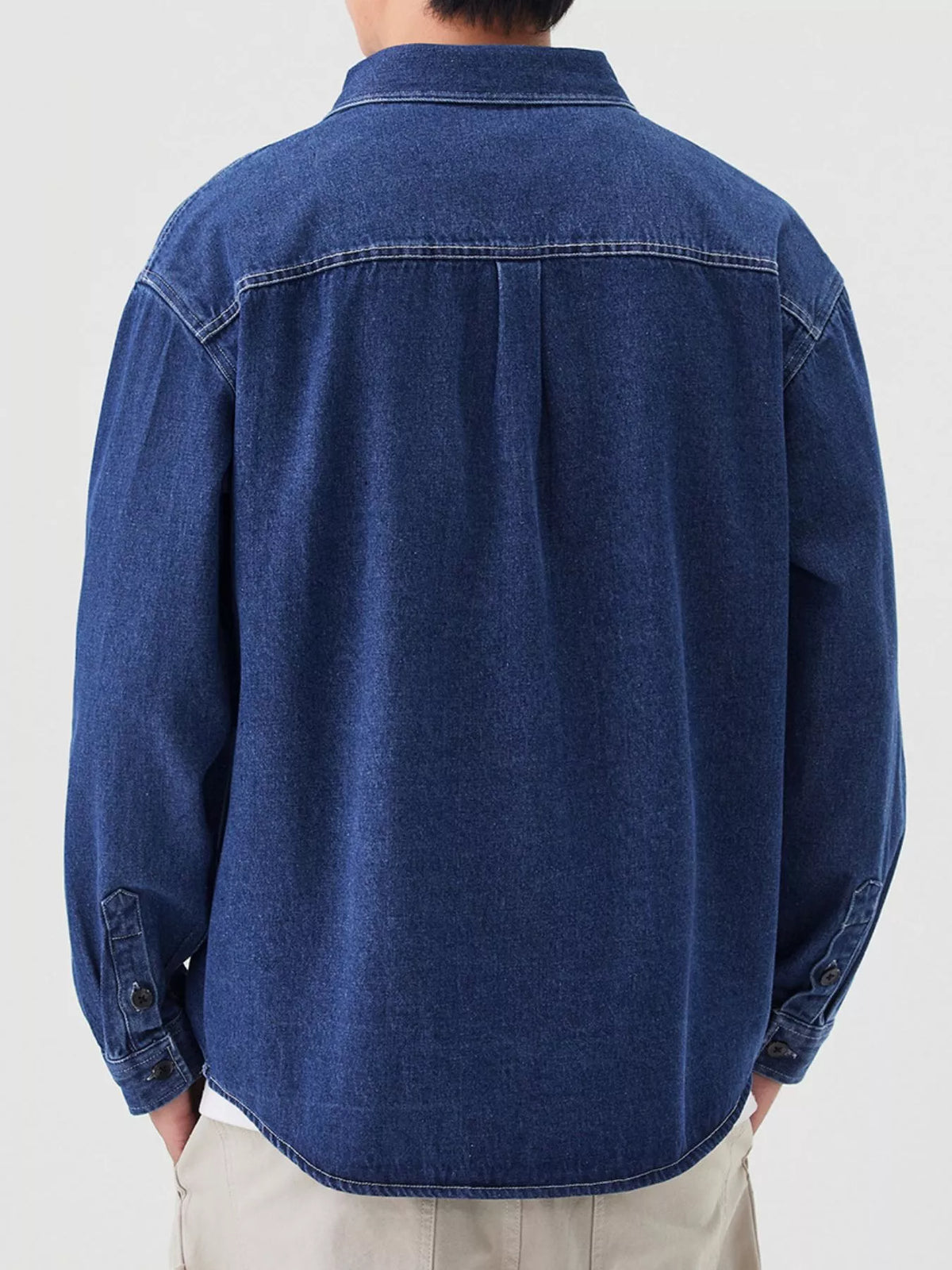Dark Blue men's button-up denim shirt, back view