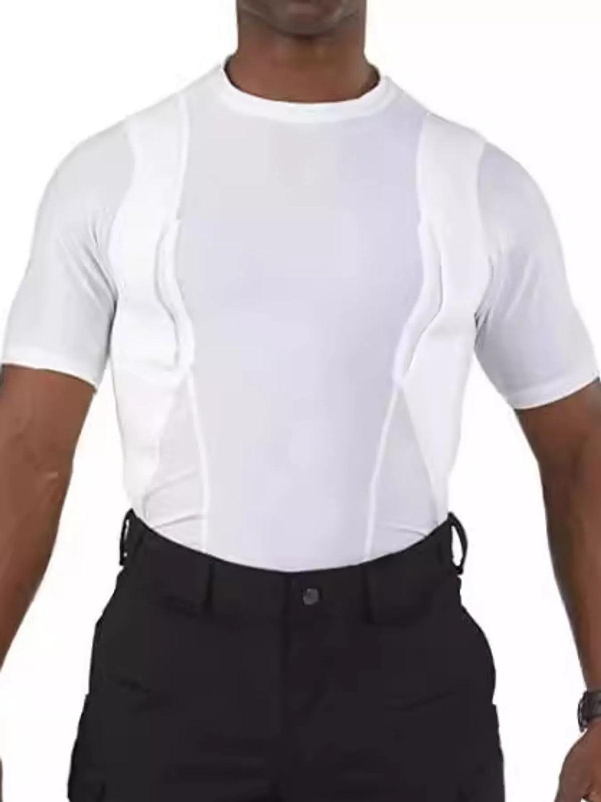 White short-sleeve crewneck active T-shirt worn by a model, front view. One shirt only; trousers are not included.