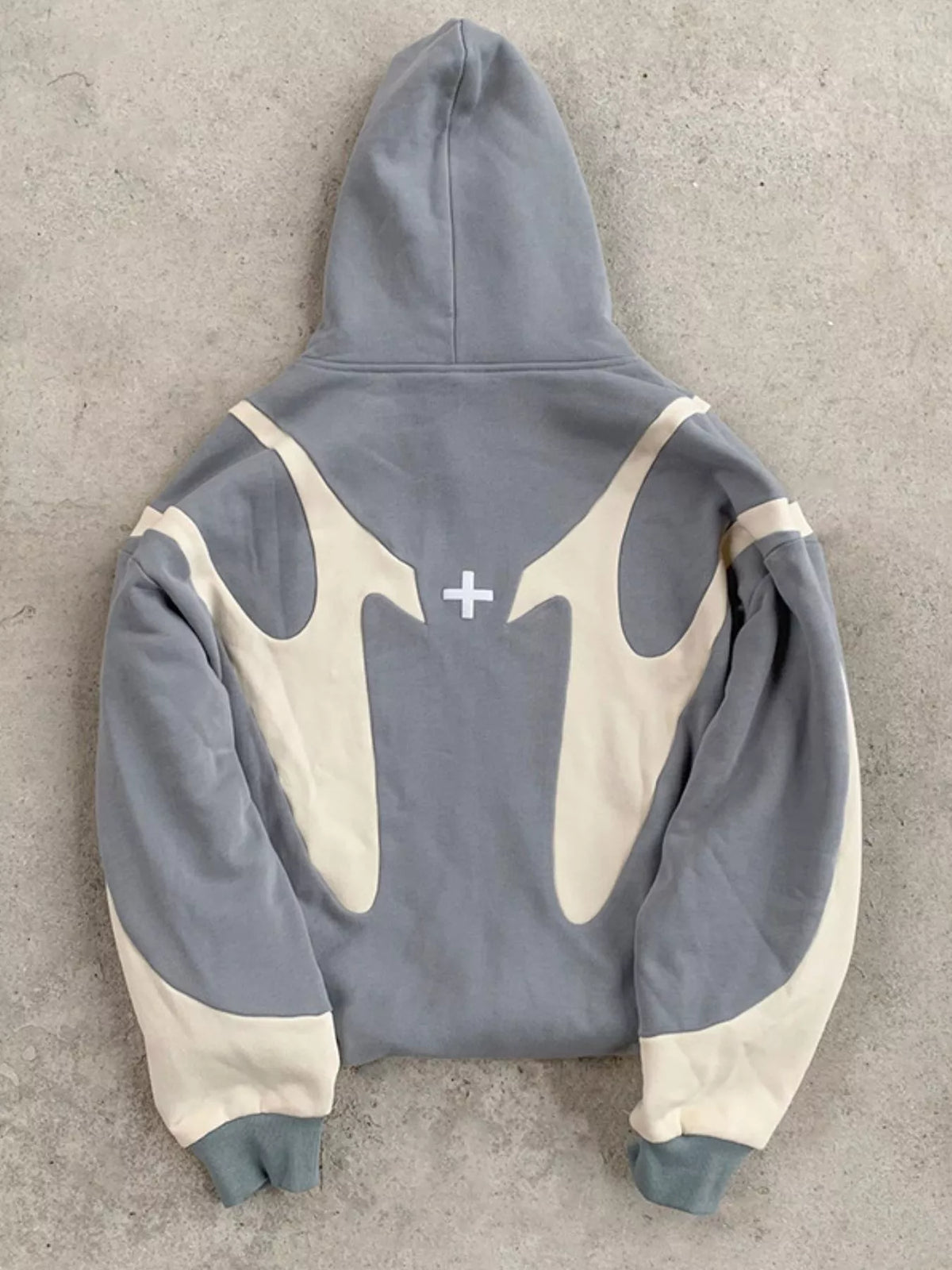 Gray and cream oversized zip hoodie, back flat lay