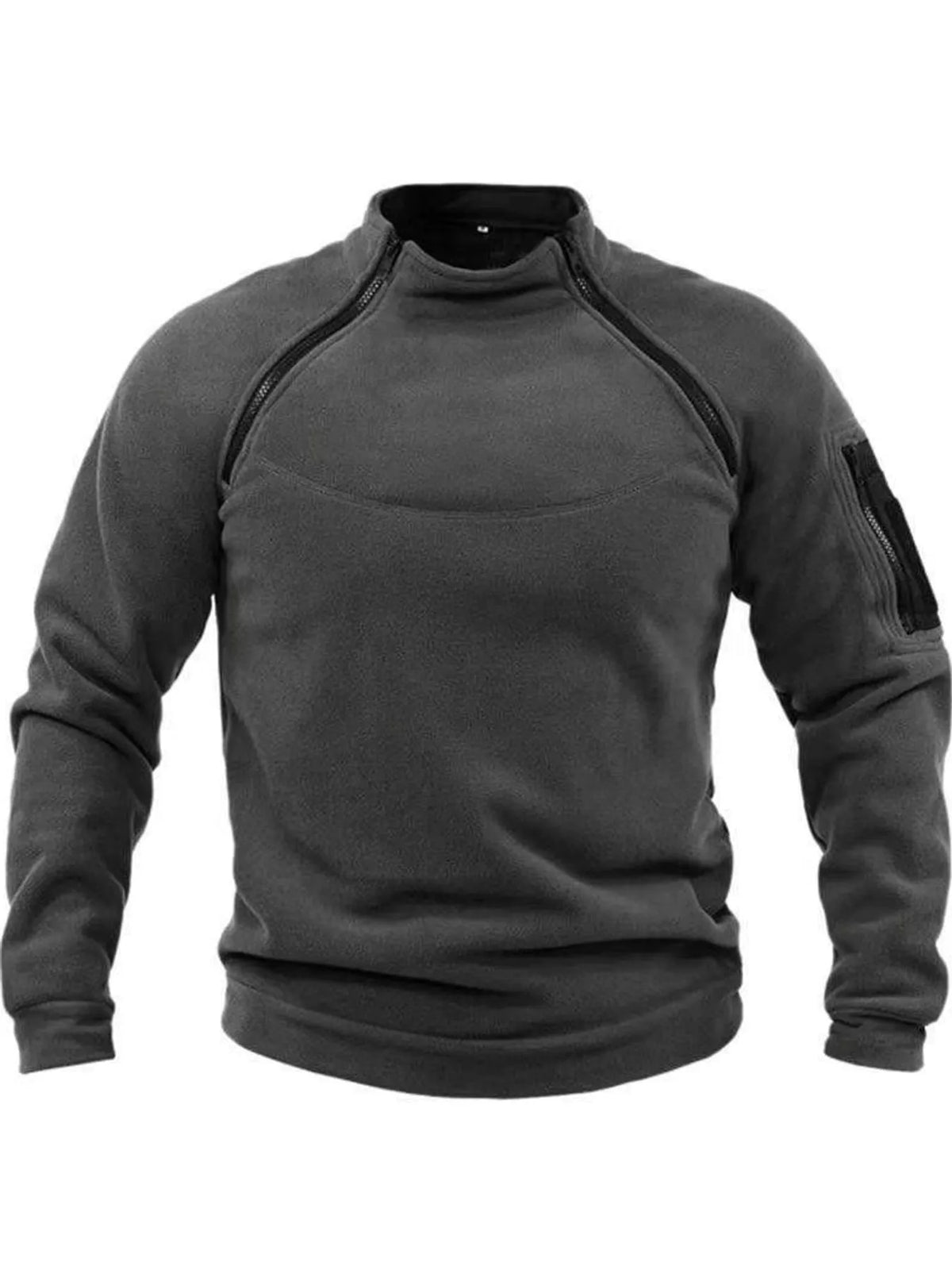 Dark Gray men's fleece sweatshirt with stand collar, two angled neckline zips and a zippered sleeve pocket, front product view. One sweatshirt only.