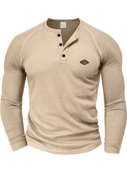 Dark khaki men’s waffle-knit Henley, front view.
