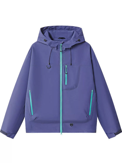 Purple men's hooded multi-pocket zip jacket — front view