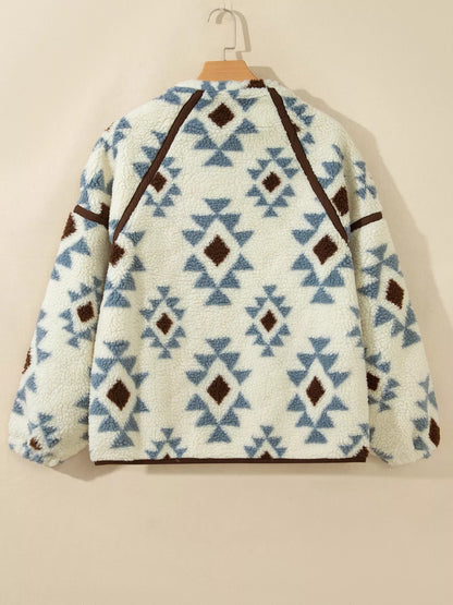 Back of the SYNZ geometric sherpa sweatshirt on a hanger.