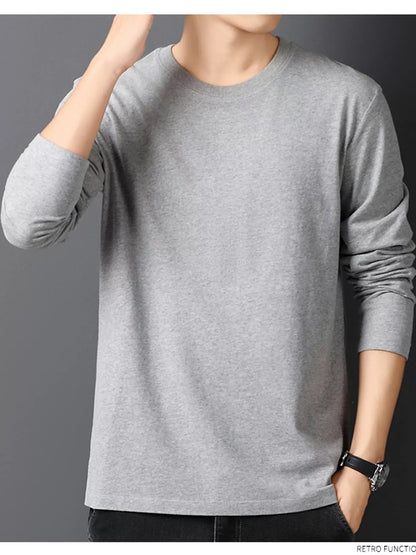 Gray men's cotton long-sleeve crewneck tee, front view.