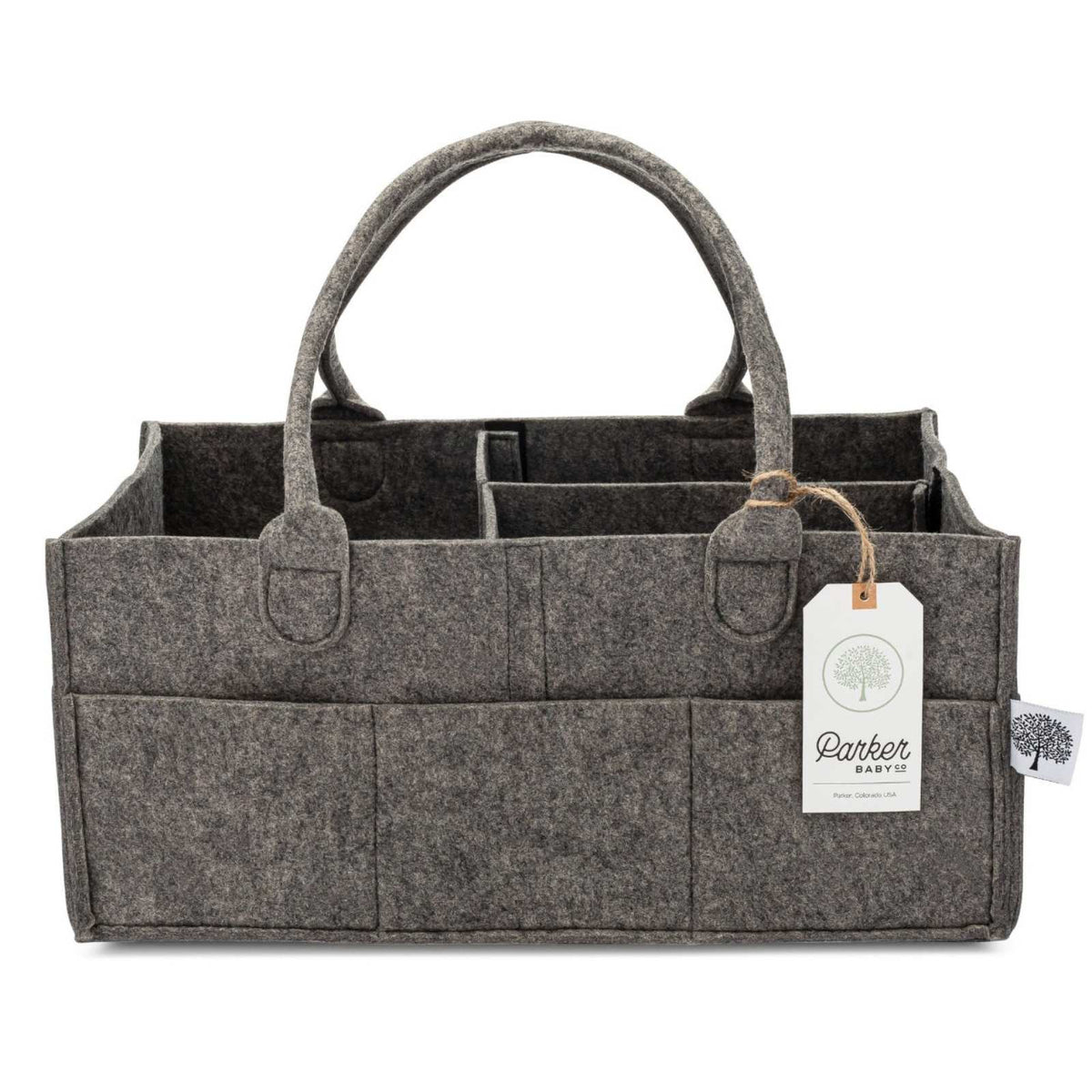 Empty Large Peppercorn felt diaper caddy with removable divider and carry handles.