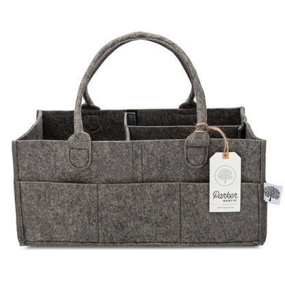 Empty Large Peppercorn felt diaper caddy with removable divider and carry handles.