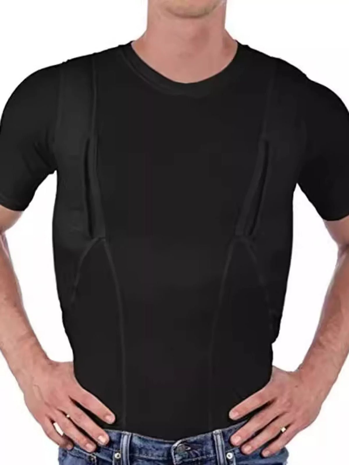 Black short-sleeve crewneck active T-shirt worn by a model, front view.