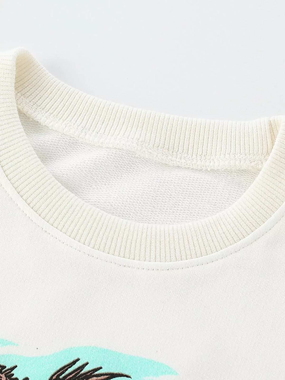 Close-up of the sweatshirt's ribbed crew neckline.