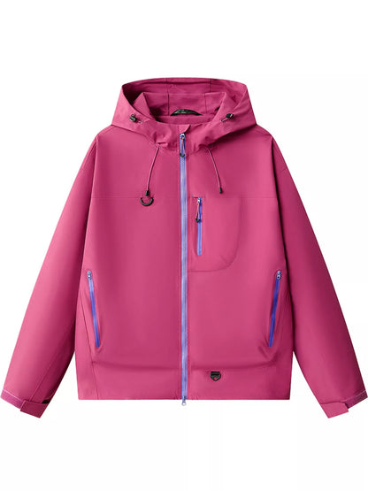 Pink men's hooded multi-pocket zip jacket — front view