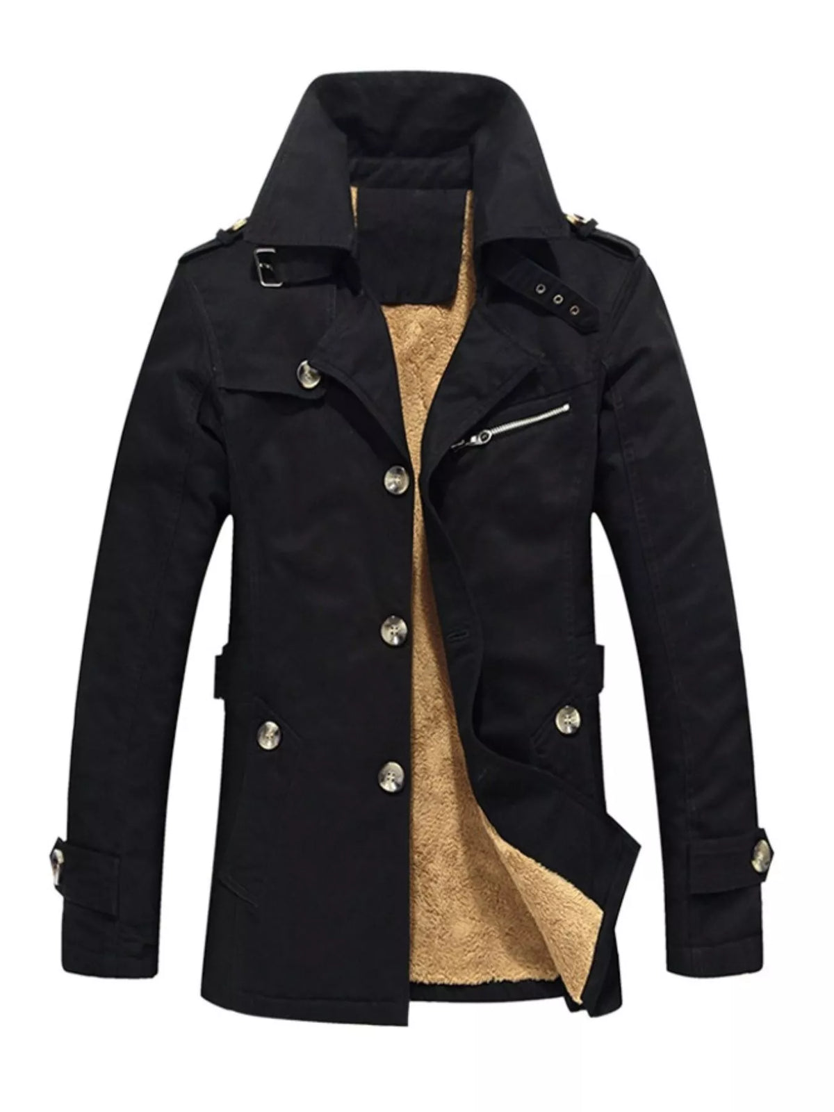 Black long-sleeve coat shown from the front, with a high collar, button front, pockets and a zippered chest detail.