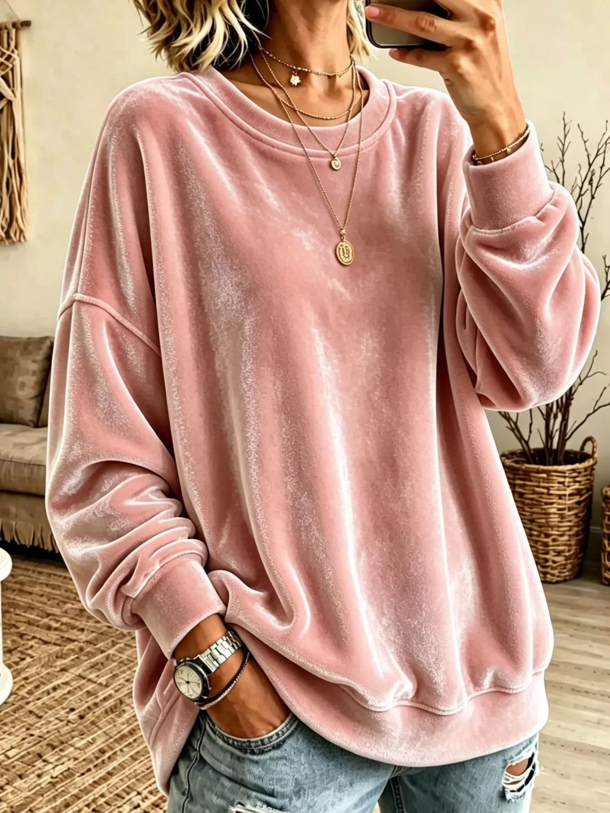 Velvet crewneck sweatshirt — Pink front view. One sweatshirt only; jewellery and jeans are styling items, not included.